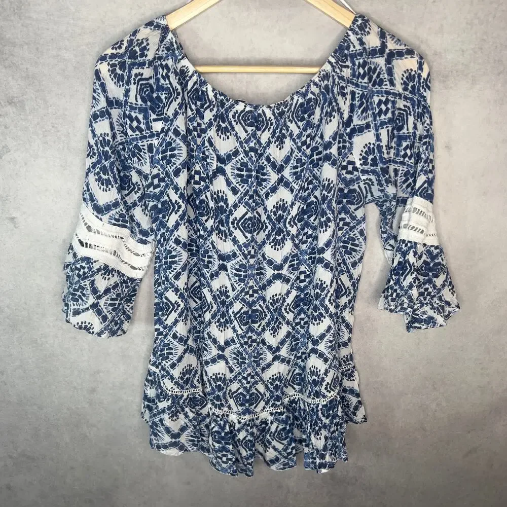 Blue White Boho Peplum Blouse Bell Sleeve Coastal Top Size M - Picture 2 of 4